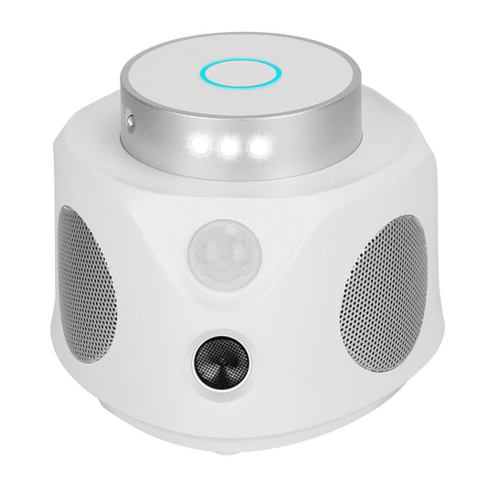 White 360° ultrasonic pest repeller with 4 speakers and 9 LED strobe lights for rodent control