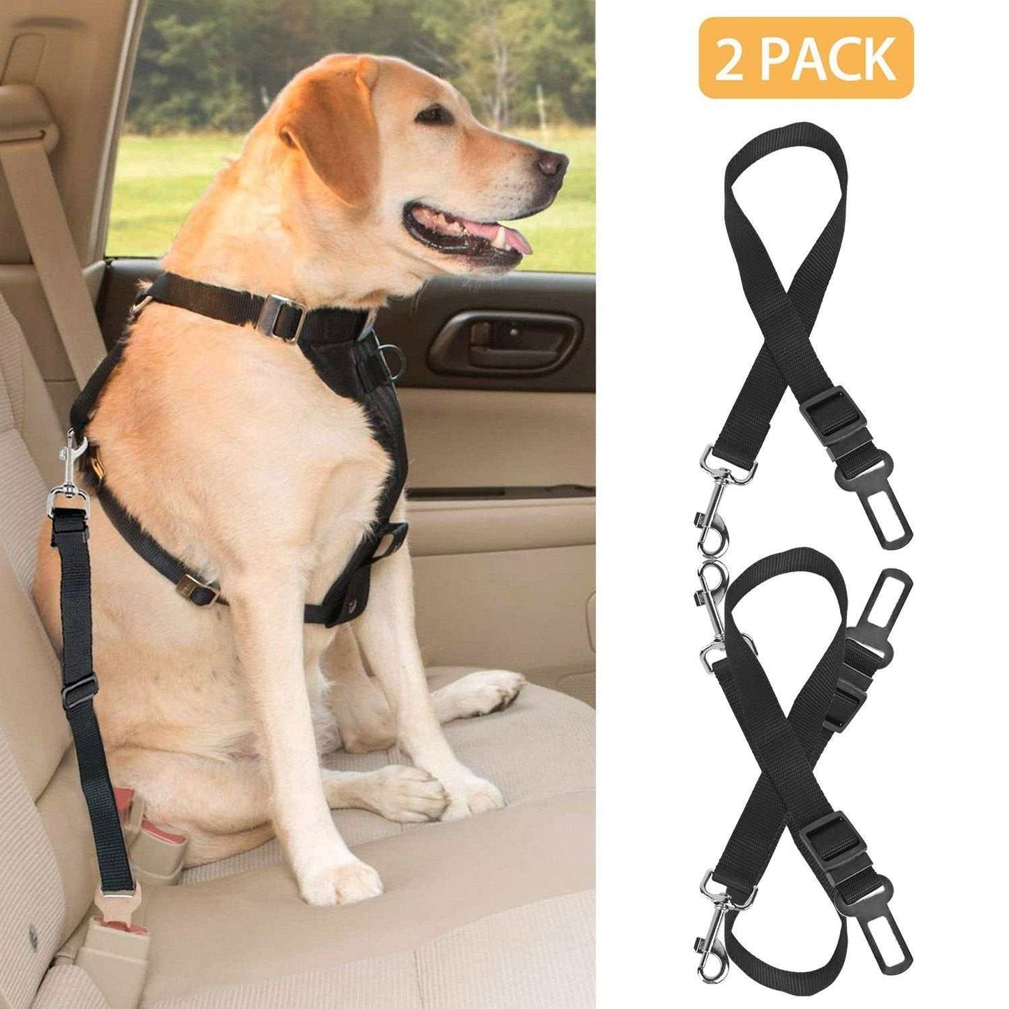 2 pcs adjustable seat belt restraints for dogs with carabiner clips and nylon webbing