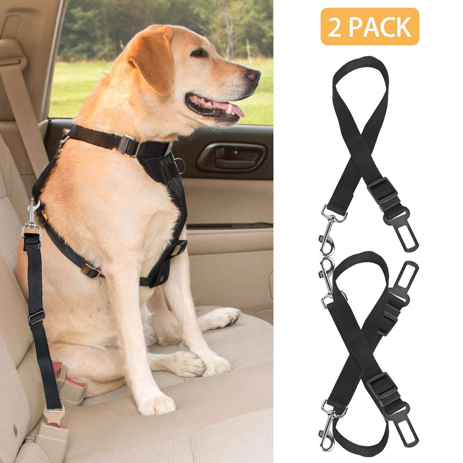 2 pcs adjustable seat belt restraints for dogs with carabiner clips and nylon webbing