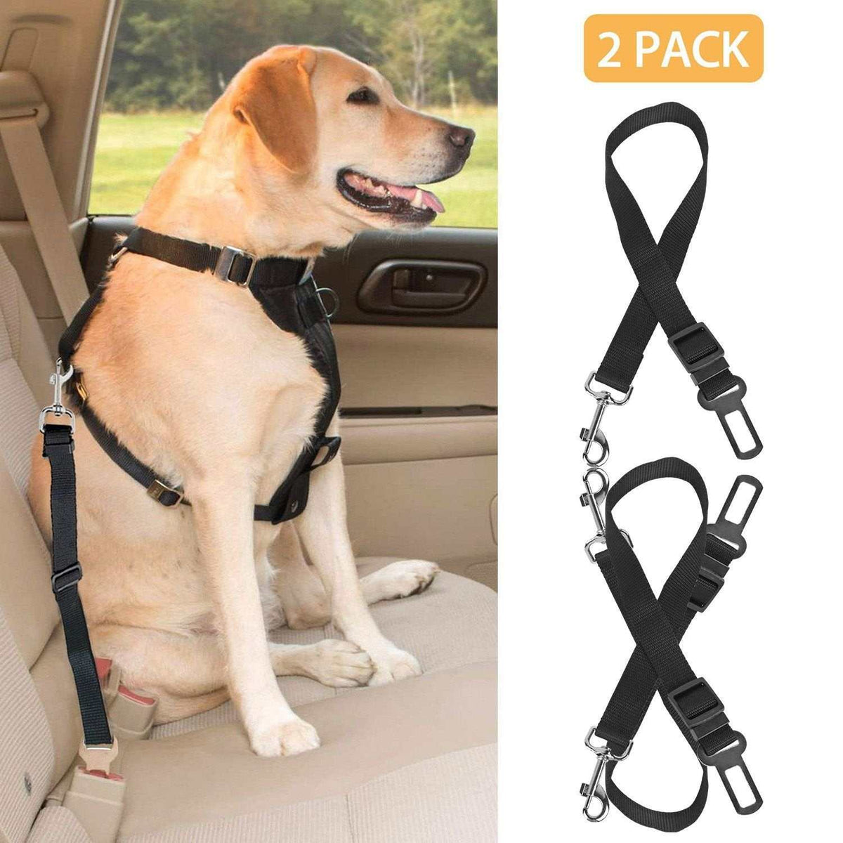 2 pcs adjustable seat belt restraints for dogs with carabiner clips and nylon webbing