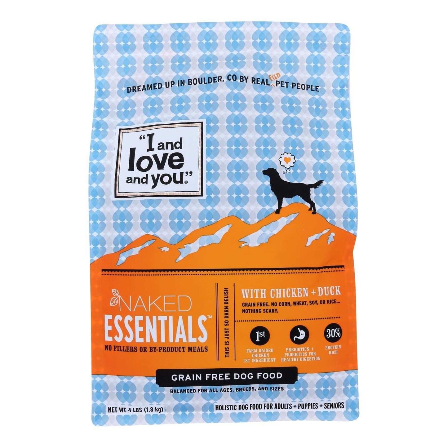 4 x 4 lb bags of I and Love and You dry adult dog food grain-free with real meat and wholesome ingredients