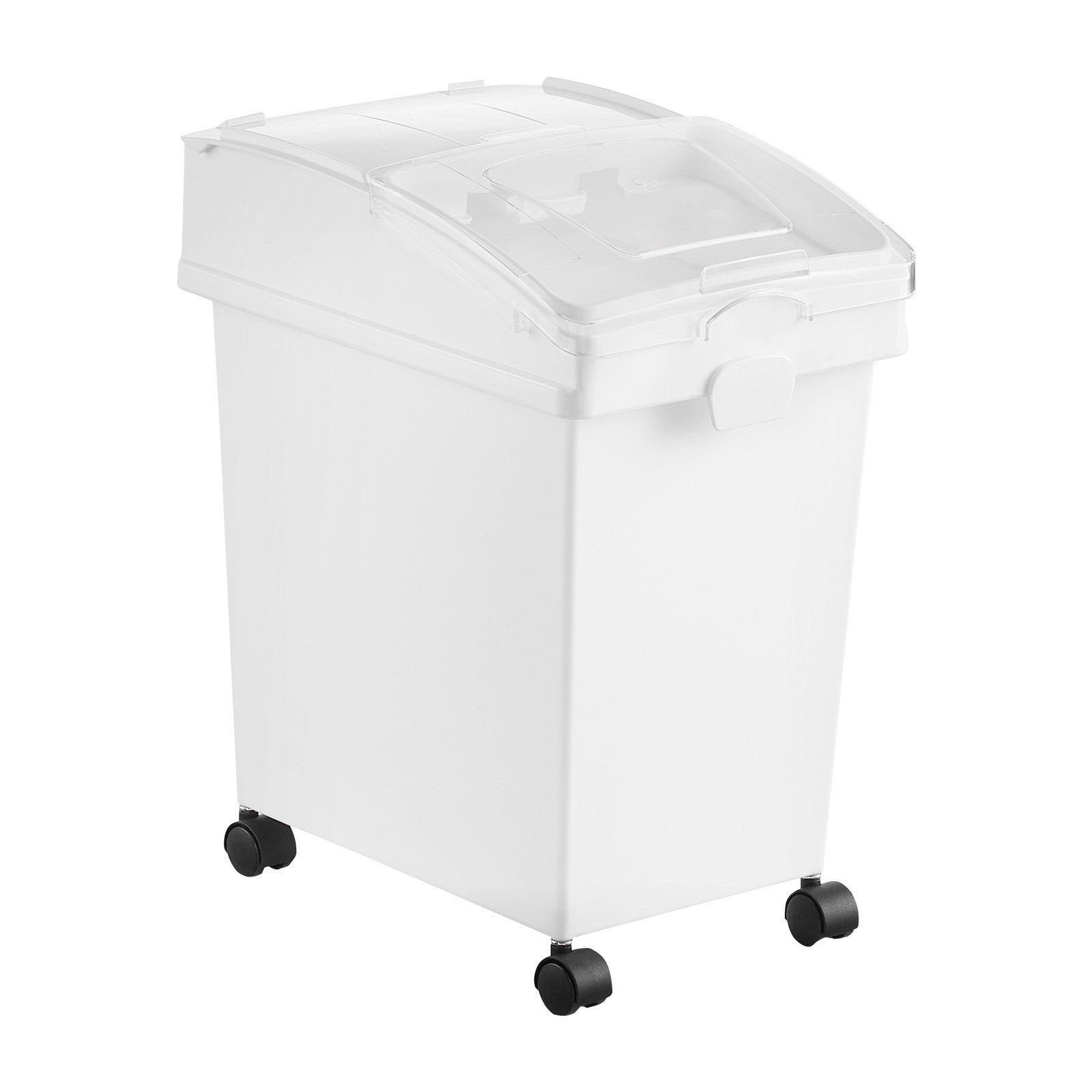 Set of three 25L dog food storage containers with airtight lids, wheels, and stackable design