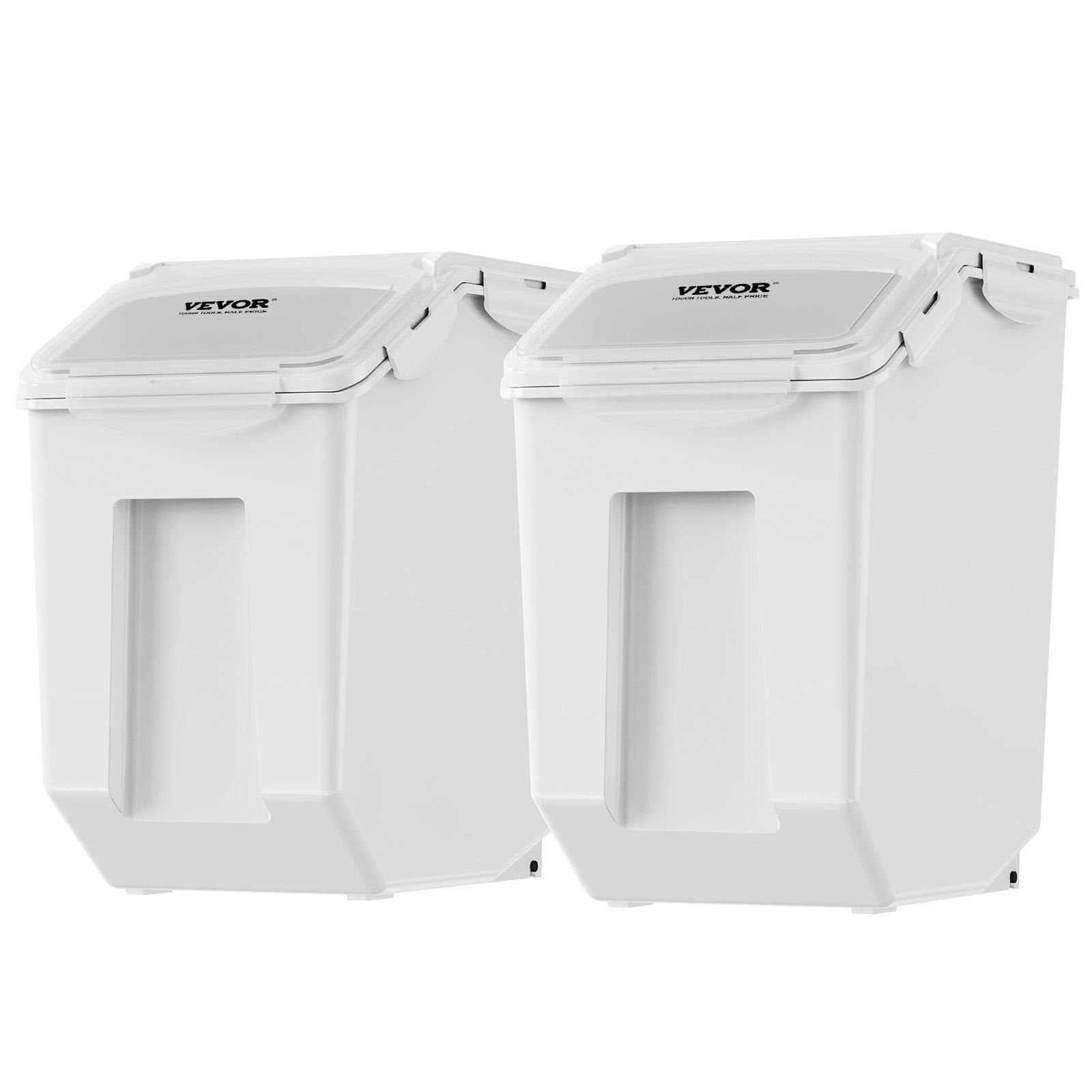 Two 4-gallon airtight dog food storage containers with clear lids and rolling wheels for easy mobility