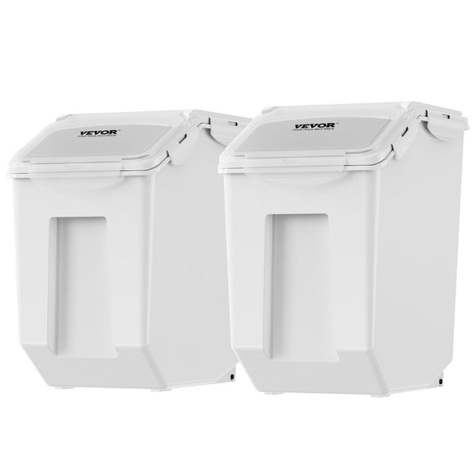 Two 4-gallon airtight dog food storage containers with clear lids and rolling wheels for easy mobility