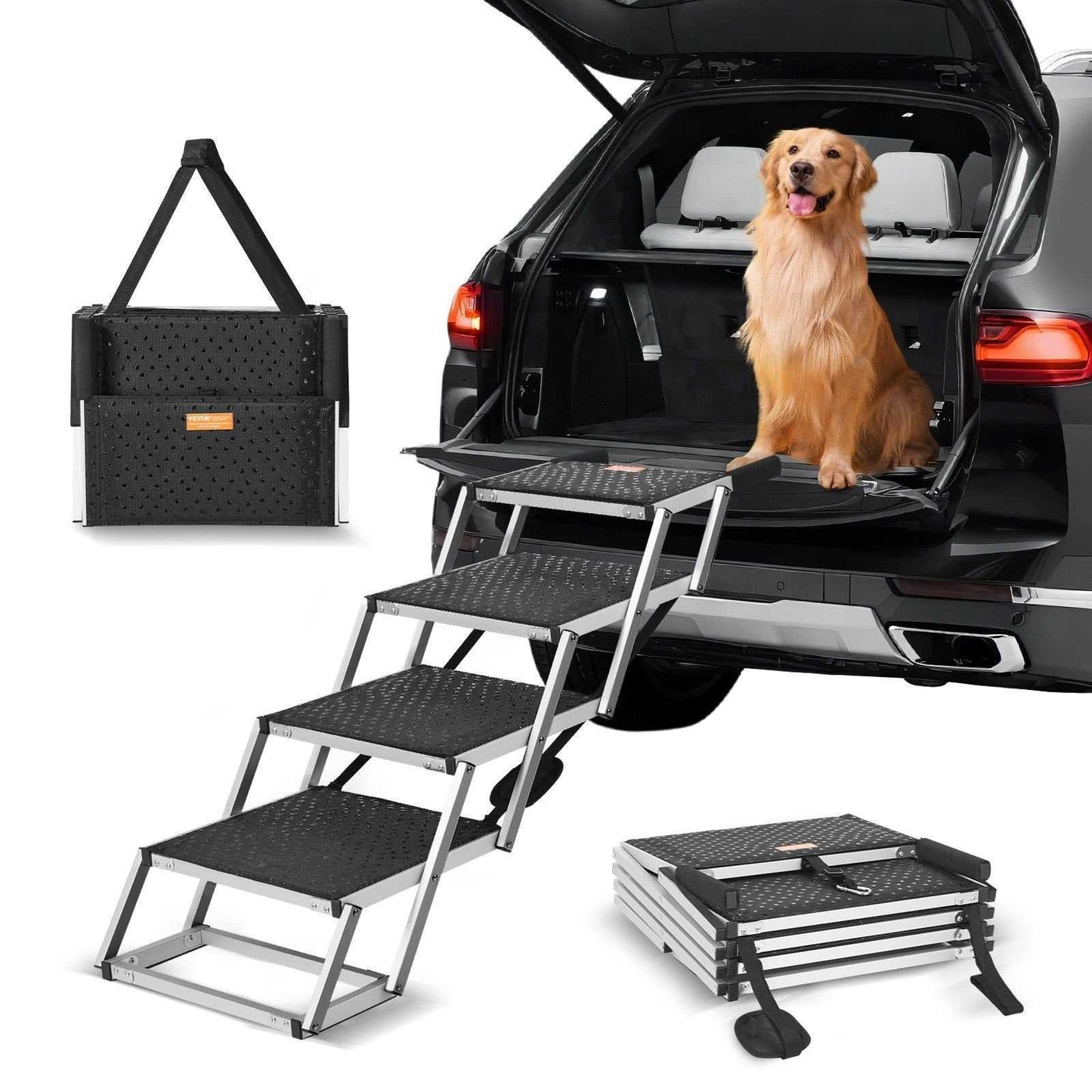 4-step folding dog steps for cars with slip-proof surface and sturdy aluminum frame supporting pets up to 150 lbs