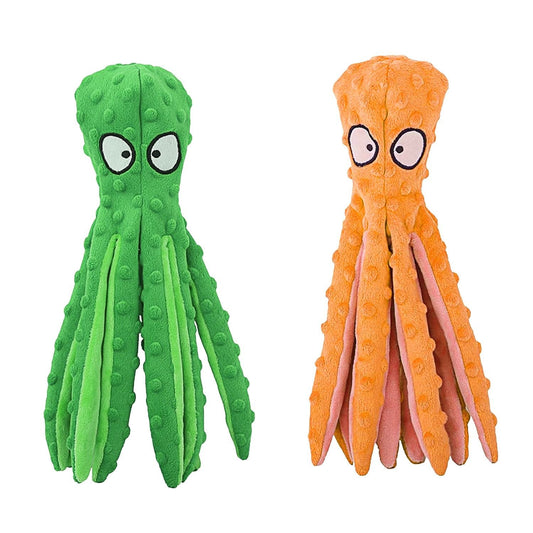 Two colorful interactive dog plush toys shaped like octopuses with squeaky heads and legs