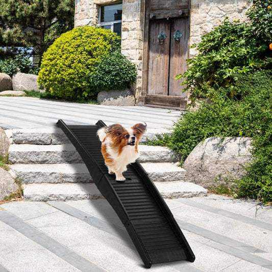 60-inch tri-fold portable dog ramp folded with handle against white background