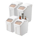 Set of 2x 3.5Gal and 2x 4.5Gal airtight dog food storage containers with clear lids, sealing rings, and wheels for easy mobility.