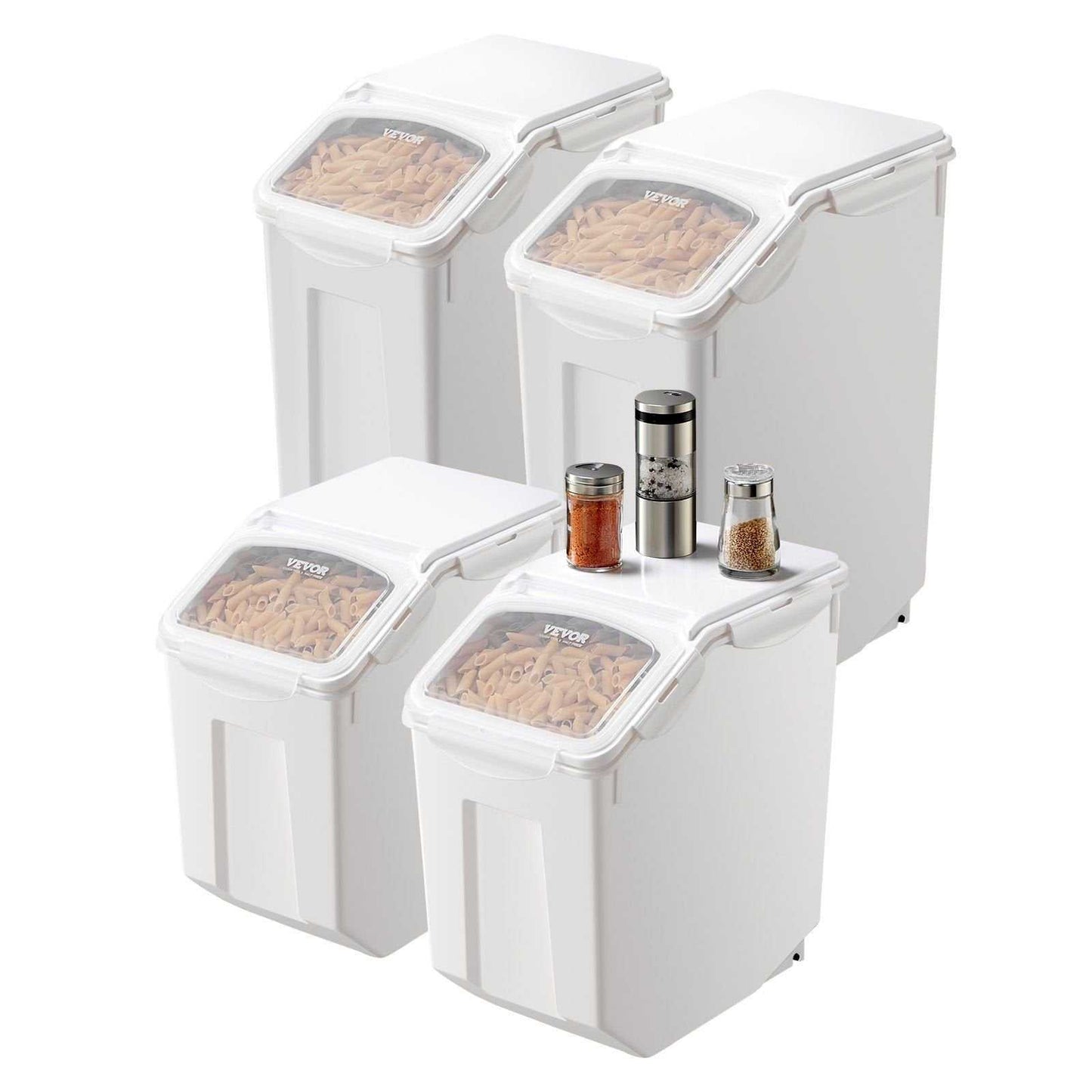 Set of 2x 3.5Gal and 2x 4.5Gal airtight dog food storage containers with clear lids, sealing rings, and wheels for easy mobility.