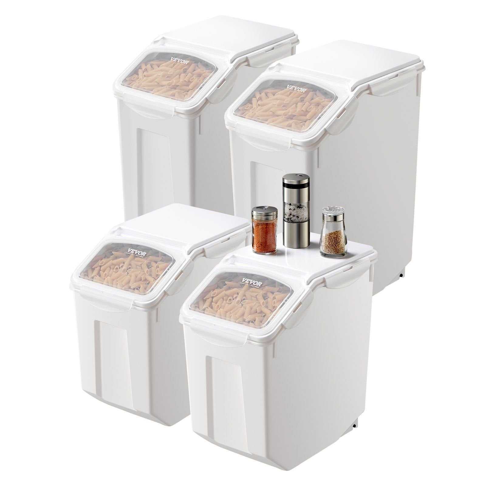 Set of 2x 3.5Gal and 2x 4.5Gal airtight dog food storage containers with clear lids, sealing rings, and wheels for easy mobility.
