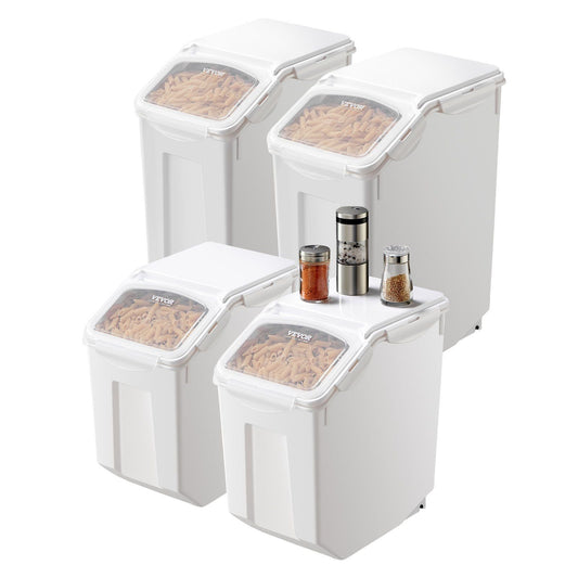 Set of 2x 3.5Gal and 2x 4.5Gal airtight dog food storage containers with clear lids, sealing rings, and wheels for easy mobility.