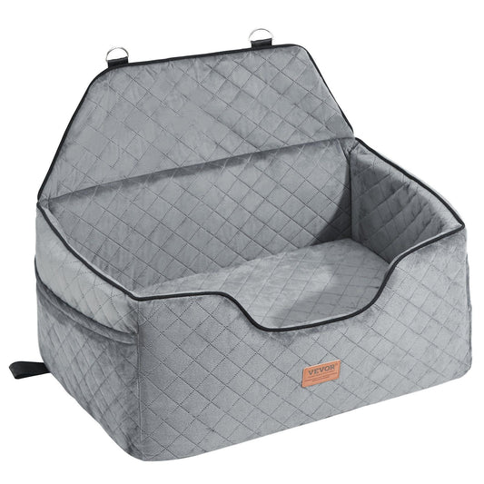 Gray dog car seat for pets up to 55 lbs with safety straps and removable washable cover