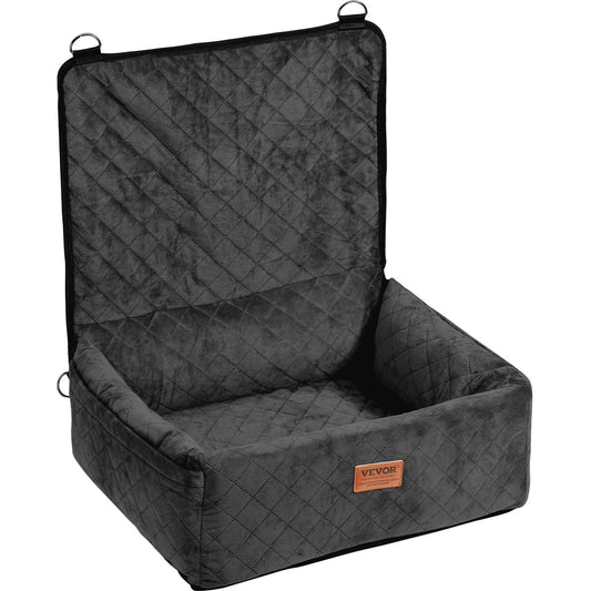 Black dog car seat for pets up to 40 lbs with adjustable safety belts and removable cover