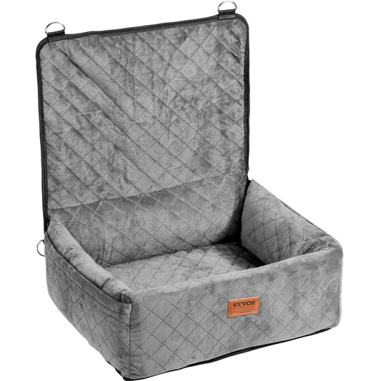 Gray dog car seat for pets up to 40 lbs with safety straps and removable cover