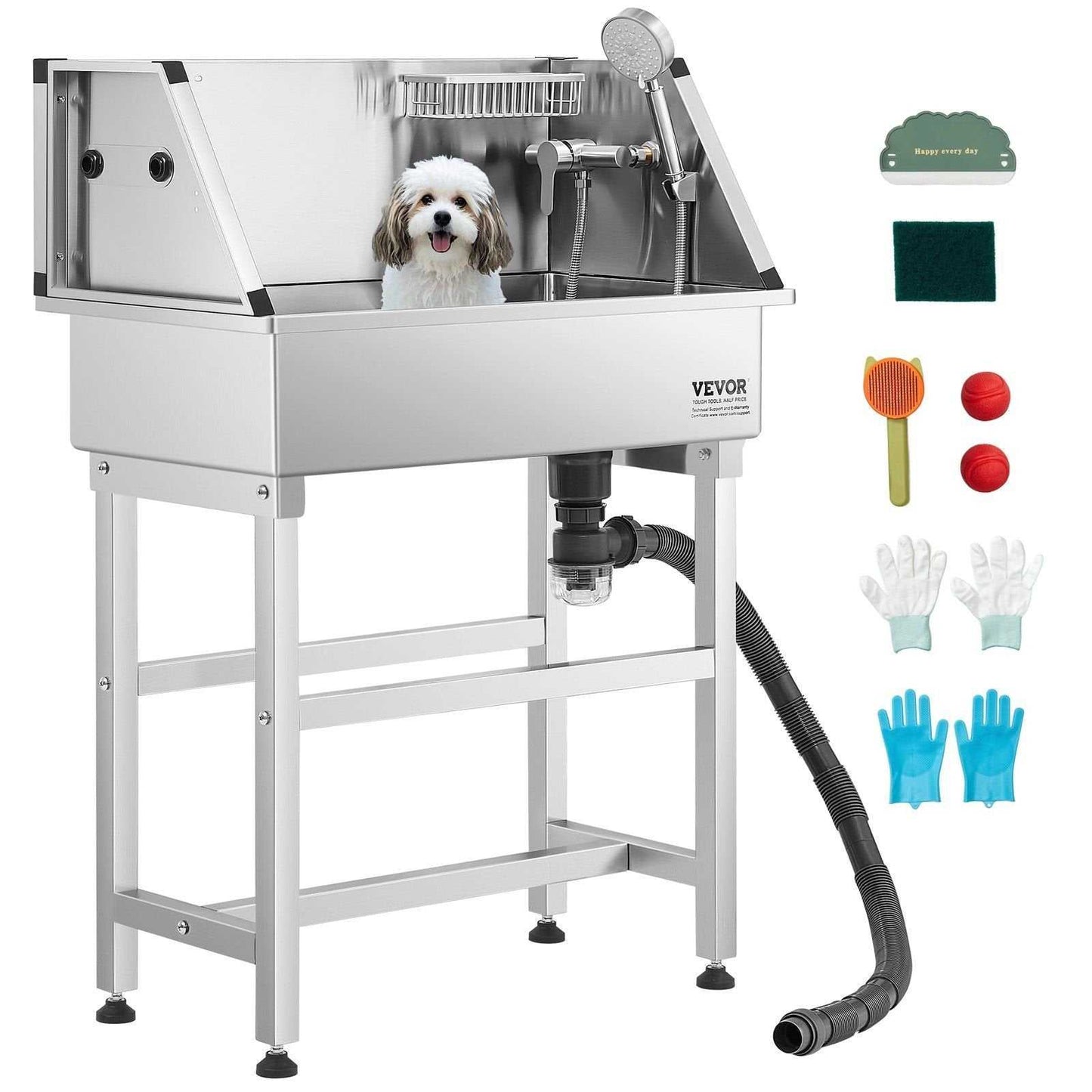 34-inch stainless steel elevated dog bath with faucets and grooming accessories for small pets
