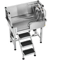 34-Inch Dog Stainless Steel Elevated Dog Bath with hot and cold faucets, dual-control showerhead, anti-slip stairs, and soap holder for easy pet grooming