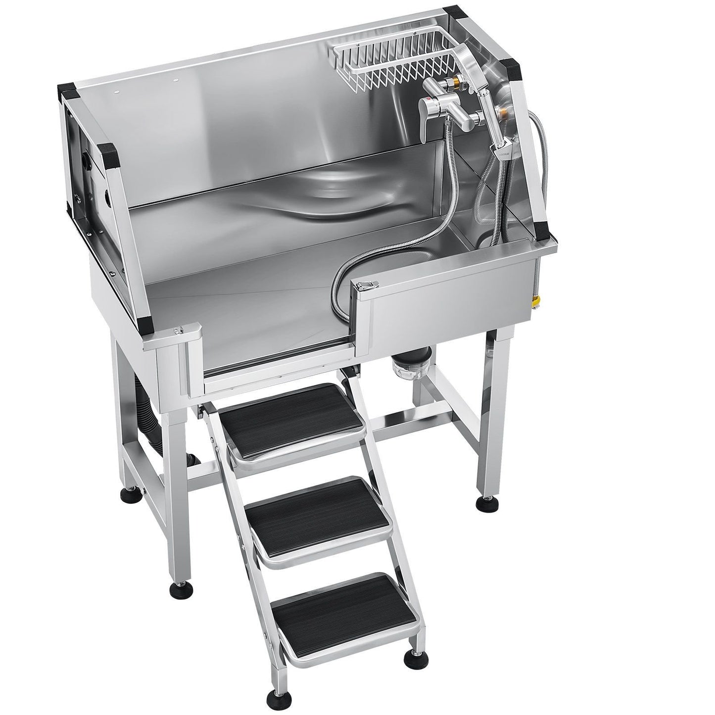 34-Inch Dog Stainless Steel Elevated Dog Bath with hot and cold faucets, dual-control showerhead, anti-slip stairs, and soap holder for easy pet grooming