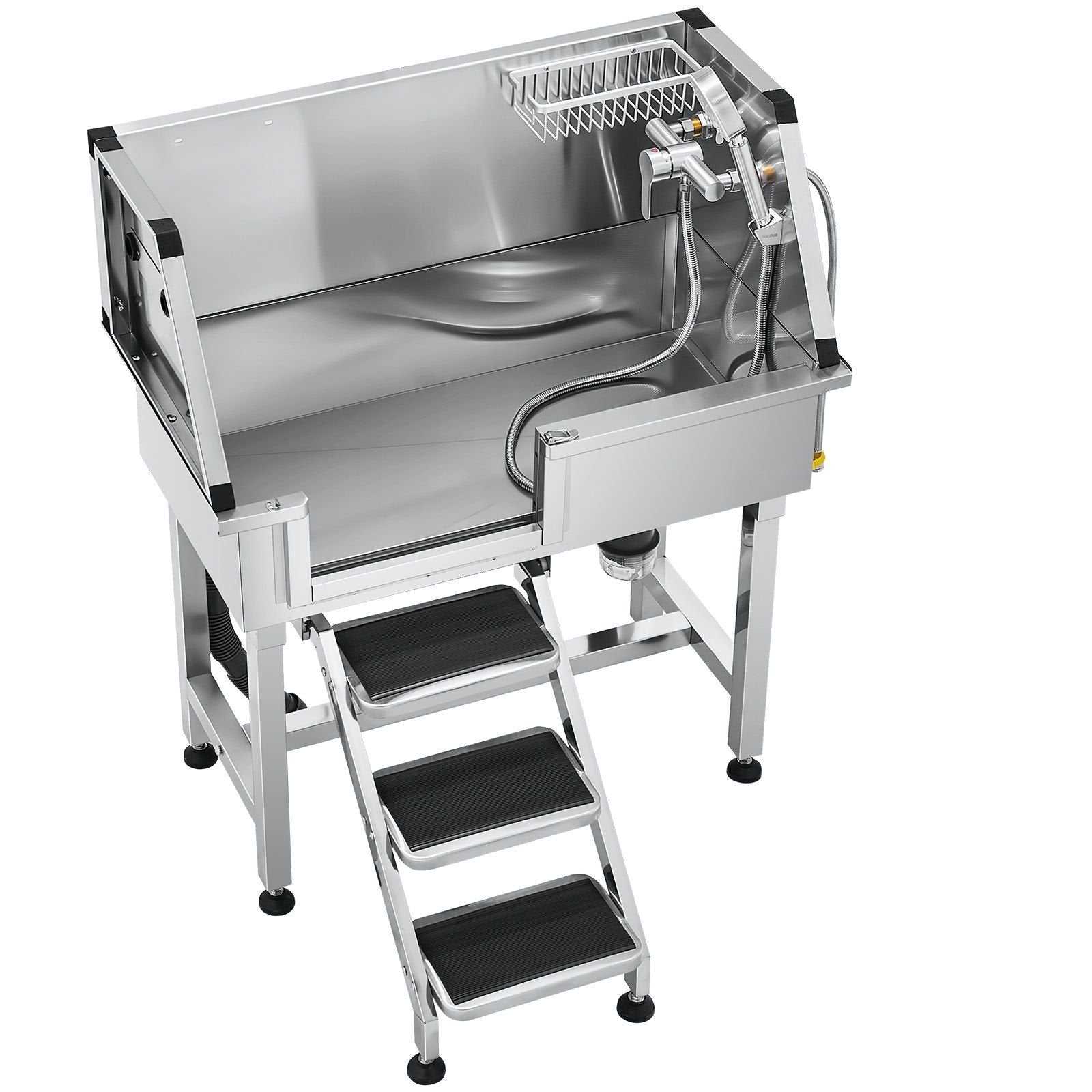 34-Inch Dog Stainless Steel Elevated Dog Bath with hot and cold faucets, dual-control showerhead, anti-slip stairs, and soap holder for easy pet grooming