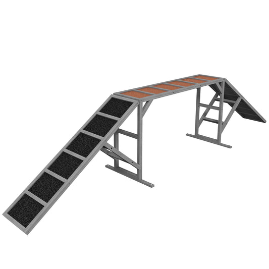 Gray dog agility ramp with safety bar and dual-color fir wood surface for outdoor training