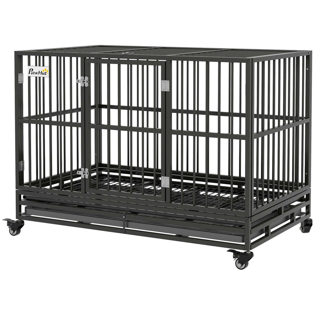 48 inch heavy duty metal dog crate with lockable wheels and dual access doors