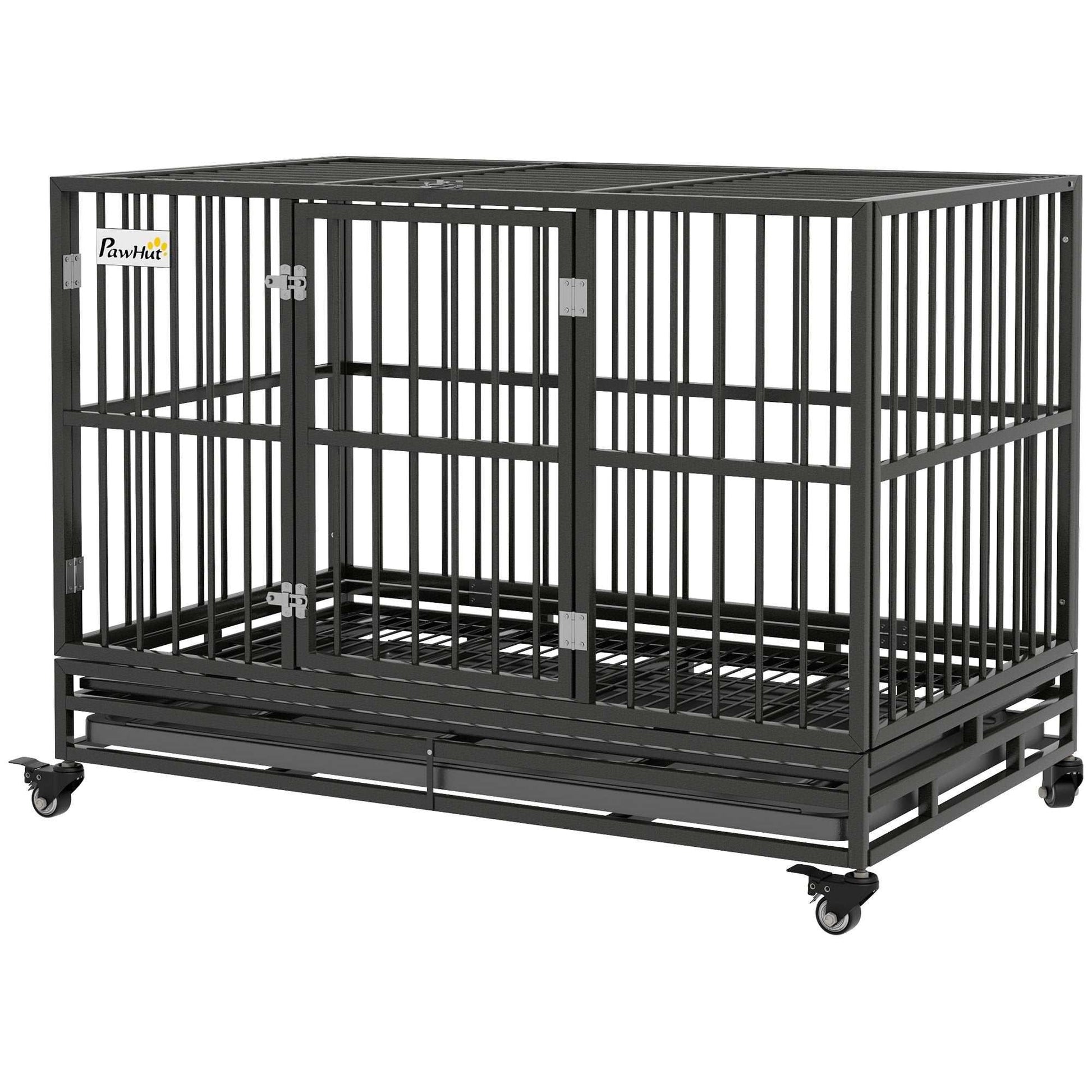 48 inch heavy duty metal dog crate with lockable wheels and dual access doors