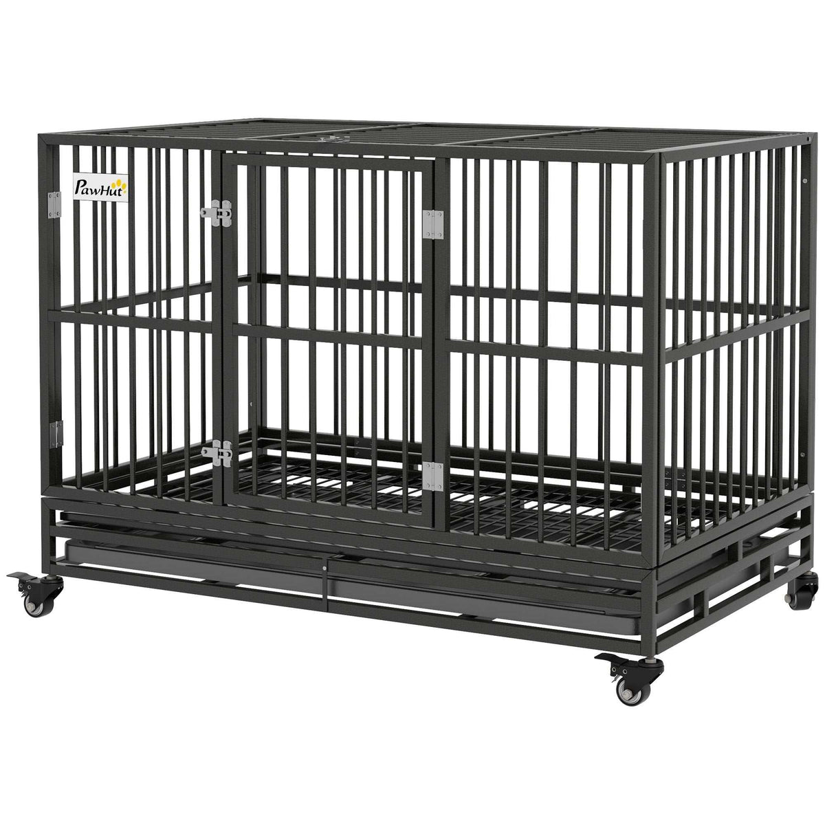 48 inch heavy duty metal dog crate with lockable wheels and dual access doors