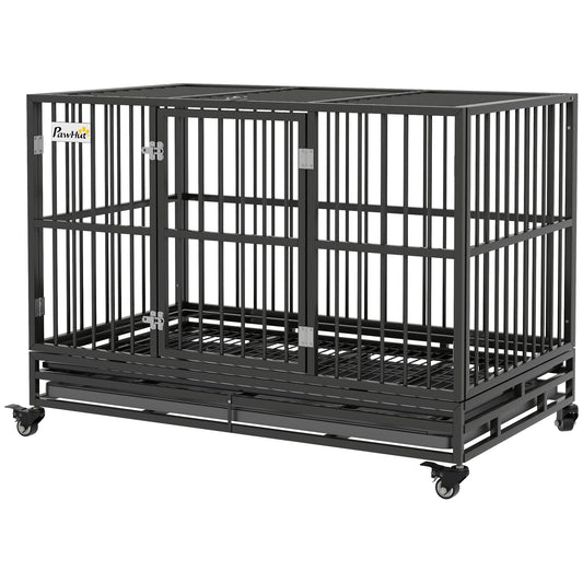 48 inch heavy duty metal dog crate with lockable wheels and dual access doors