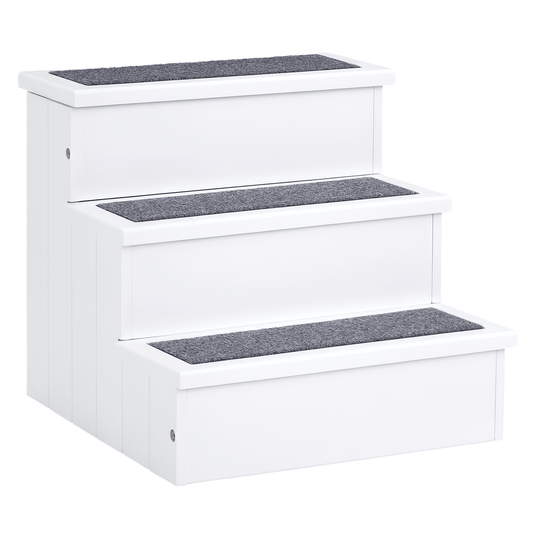 3-step white wooden carpeted non slip dog stairs for pets with storage space