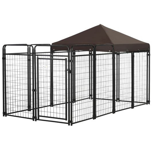 Outdoor dog pen with shady roof, heavy-duty steel panels, and walk-in design for medium to large dogs