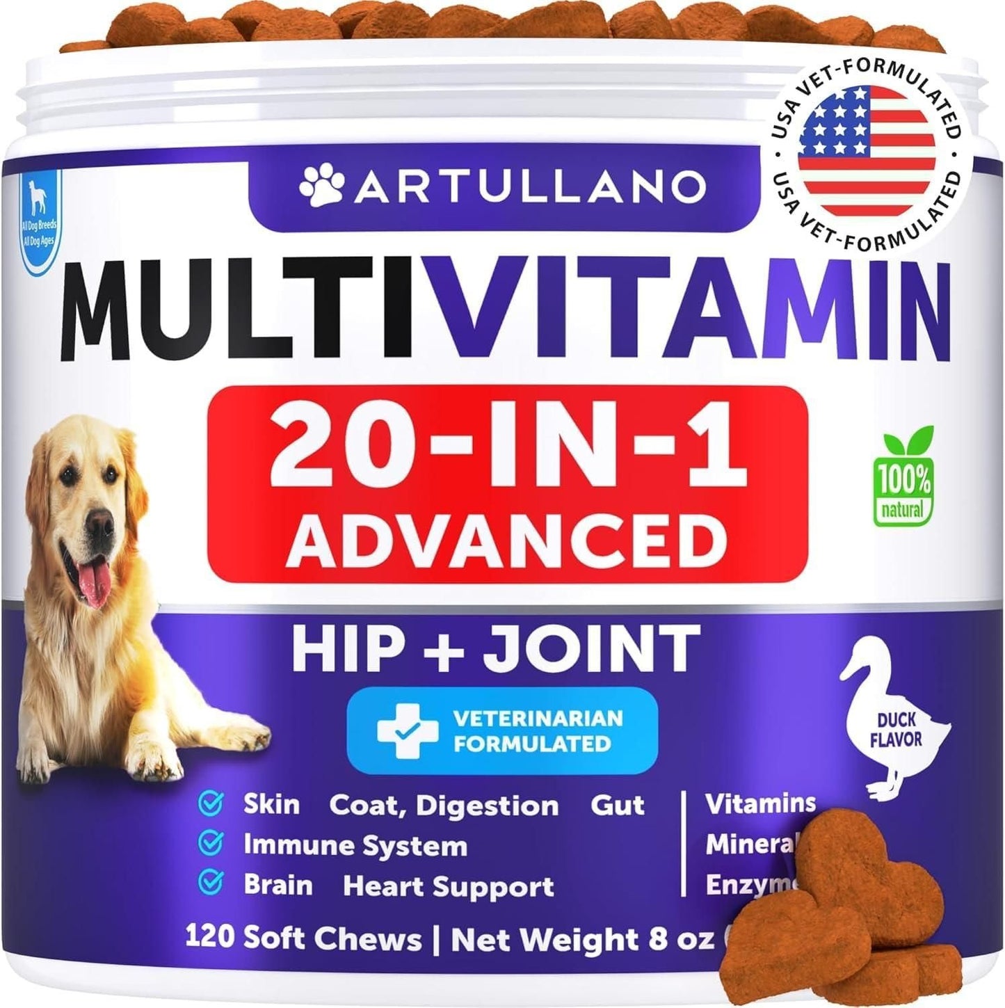 20 in 1 multi-vitamin supplements for dogs with probiotics, omega-3, glucosamine supporting hip, joint, gut health, and shiny coat