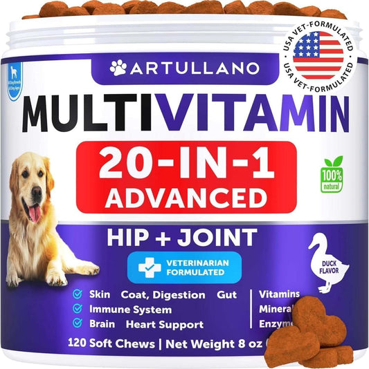 20 in 1 multi-vitamin supplements for dogs with probiotics, omega-3, glucosamine supporting hip, joint, gut health, and shiny coat