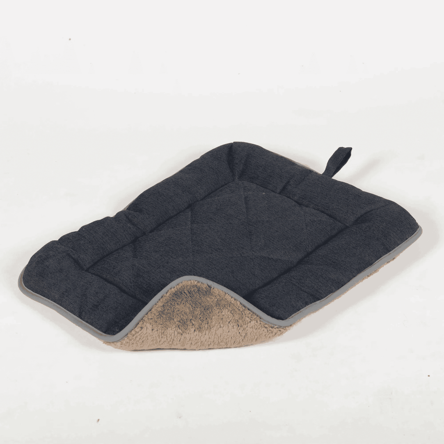 Black and beige chenille sleeper dog cushion with quilted pattern and plush fleece underside