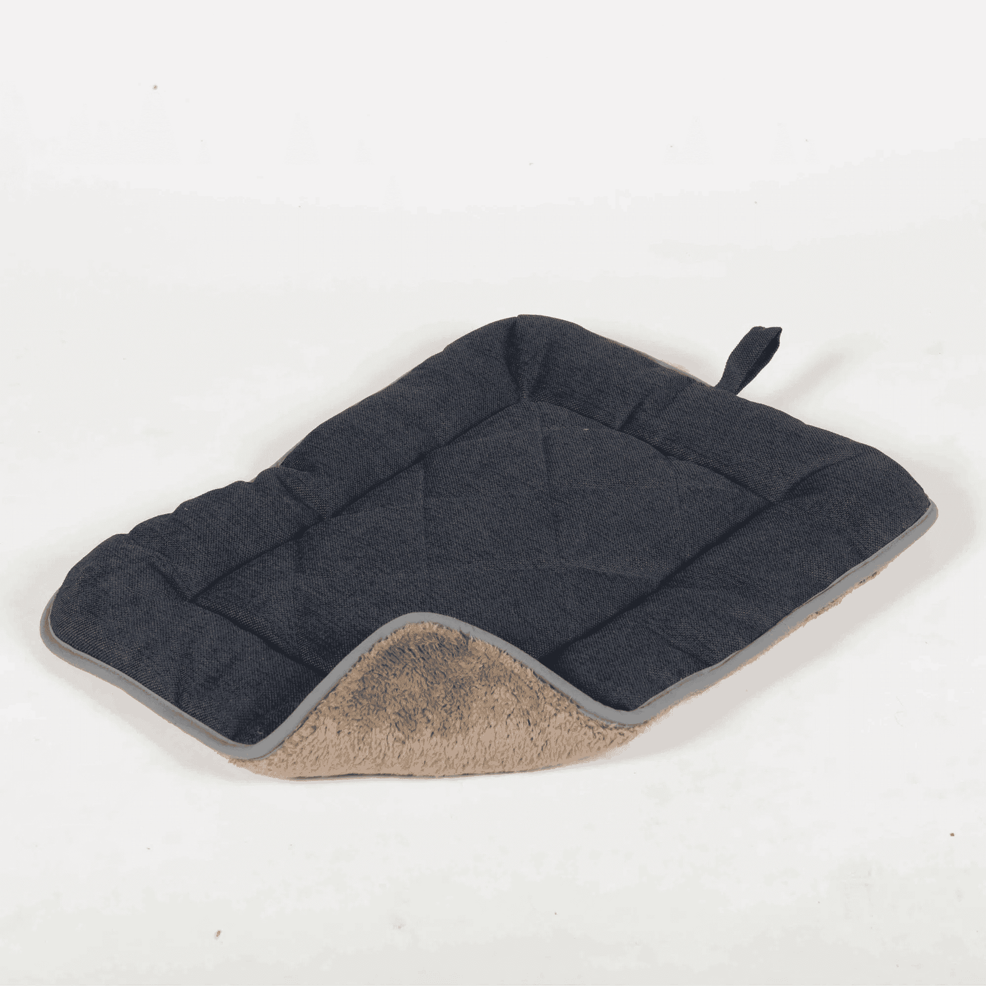 Black and beige chenille sleeper dog cushion with quilted pattern and plush fleece underside