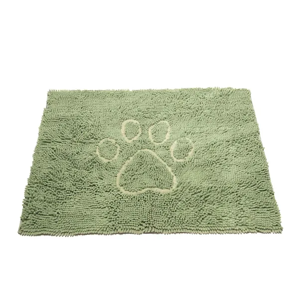 Green dog decor door mat with paw print design made of advanced microfiber technology for high water and mud absorption