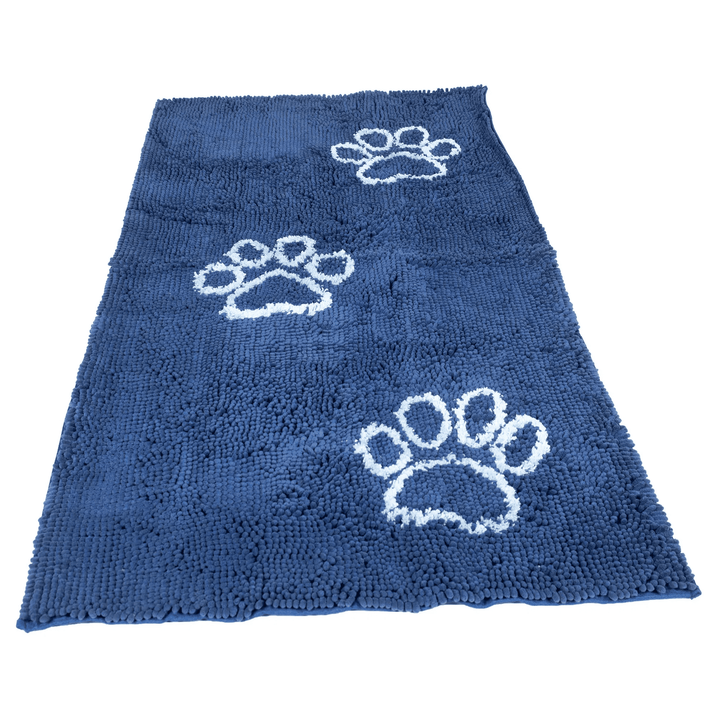 Blue Dog Decor Runner with white paw prints and microfiber texture for water and mud absorption