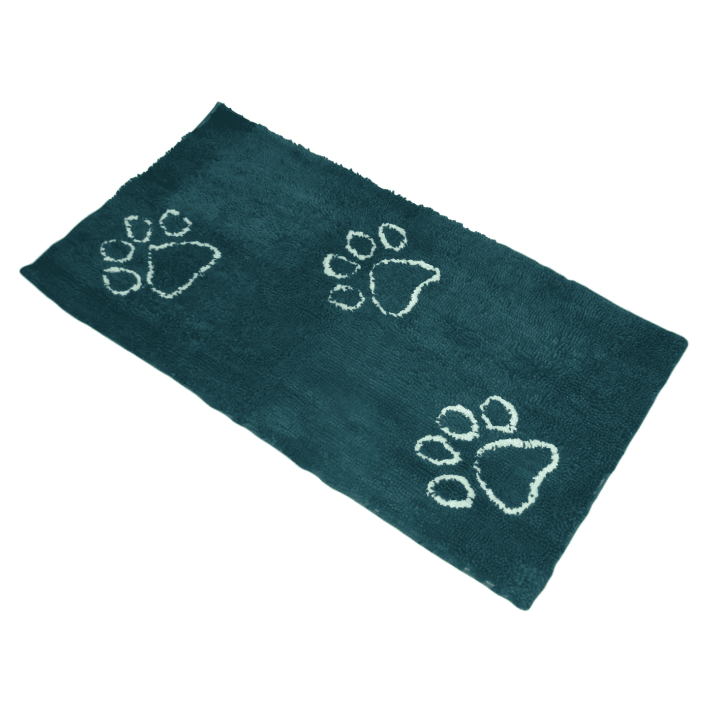 Dog Decor Runner microfiber mat with white paw prints on dark blue surface designed to trap water and mud