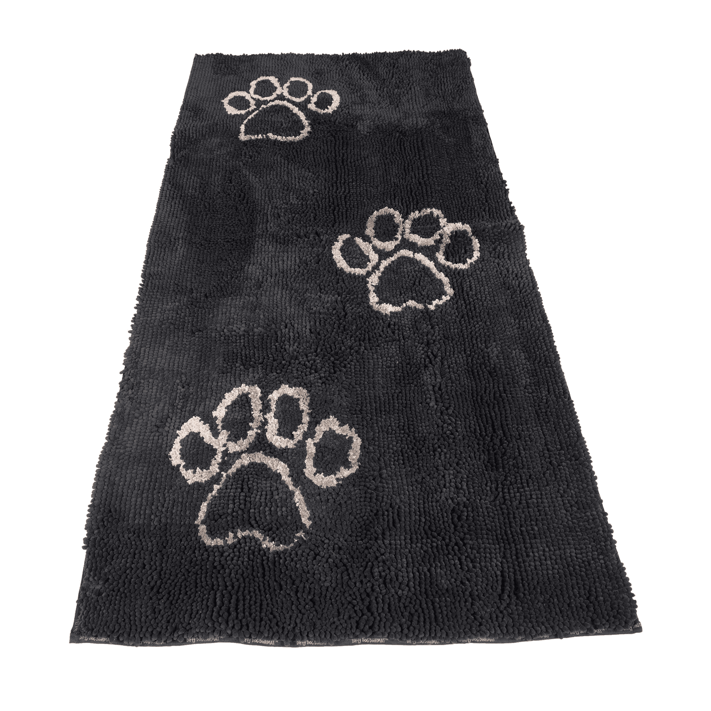 Black Dog Decor Runner mat with three beige paw prints, made of advanced microfiber technology.