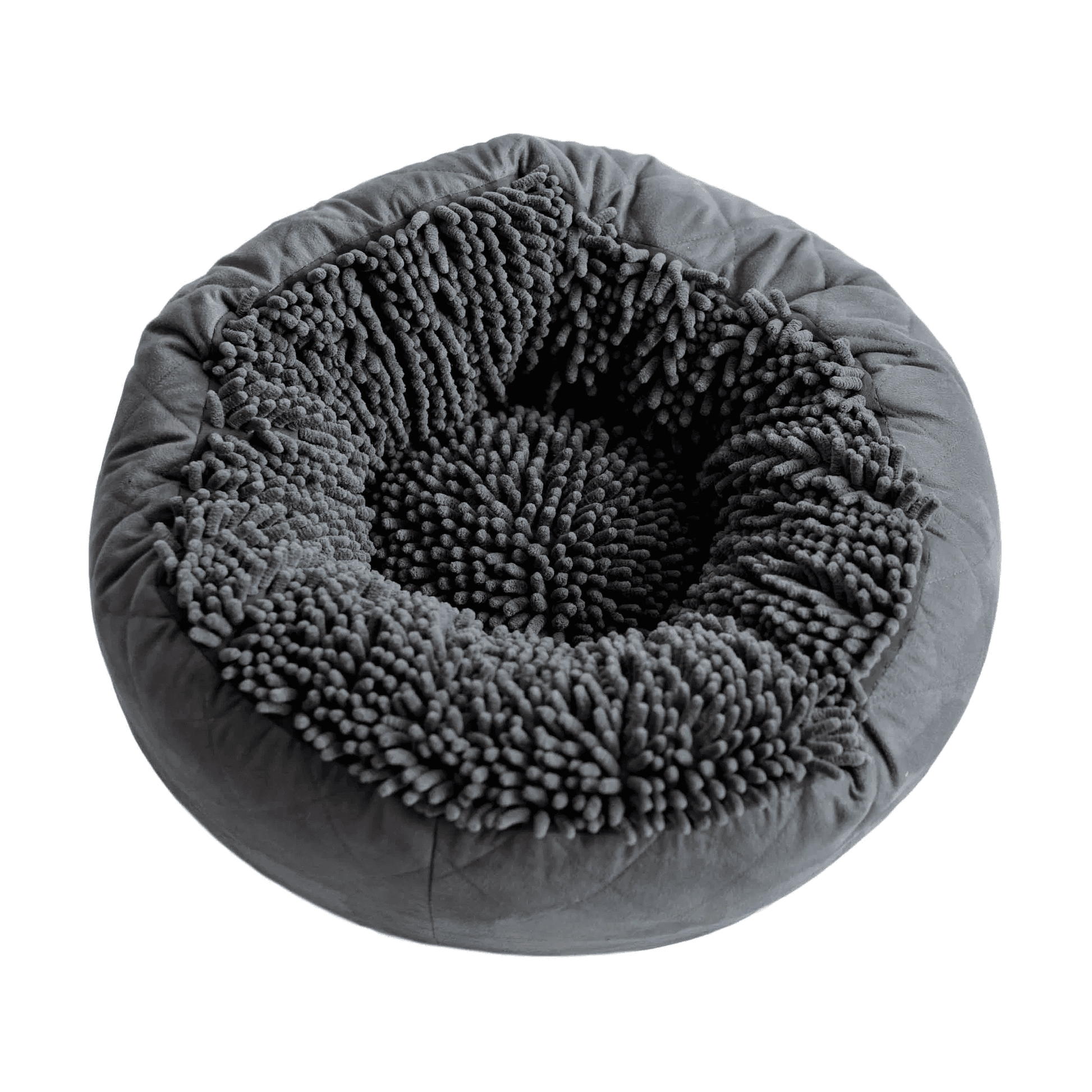 Gray plush dog donut bed with high-density cushion and quilted suede sides for comfort and durability