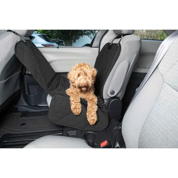 44" x 35" x 2" single car seat cover with absorbent microfiber fabric and waterproof Oxford backrest protecting car seat with a dog sitting on it