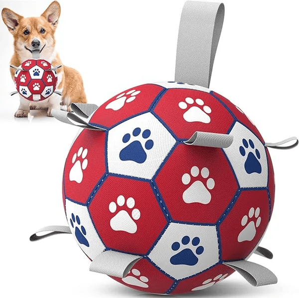 6-inch dog fetch toy soccer ball with straps for outdoor play and exercise