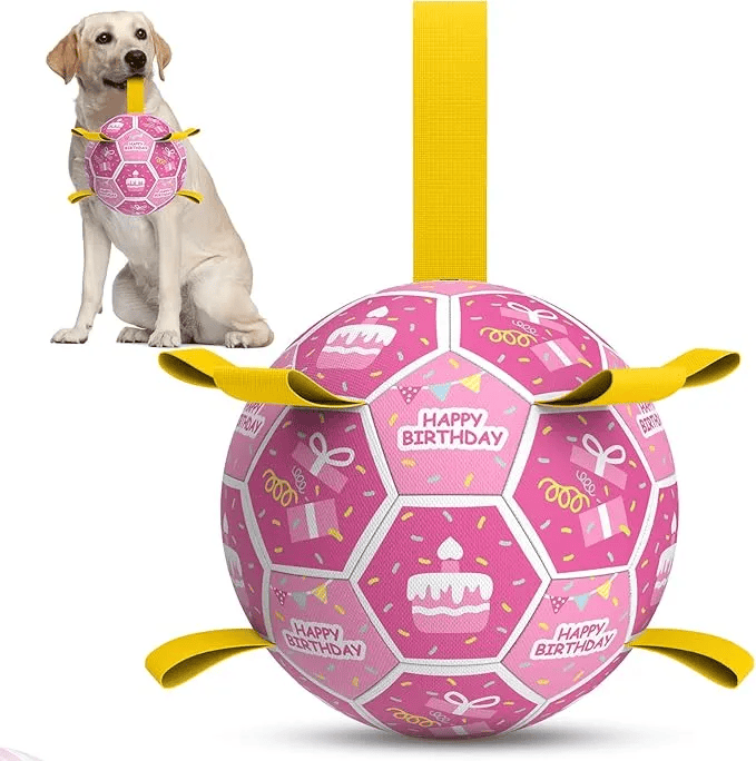 8-inch dog fetch toy soccer ball with straps for outdoor play and exercise