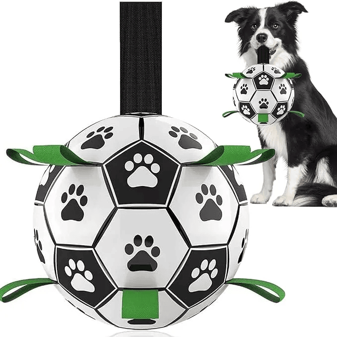 6-inch dog fetch toy soccer ball with straps for interactive play outdoors
