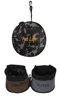 Collapsible double food and water dog travel bowls made of waterproof seatbelt material for outdoor use
