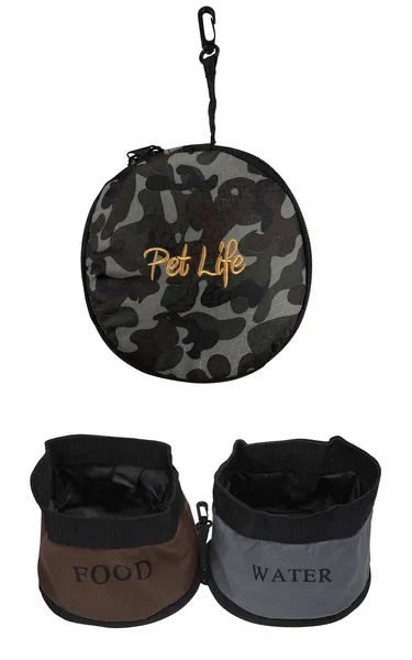 Collapsible double food and water dog travel bowls made of waterproof seatbelt material for outdoor use