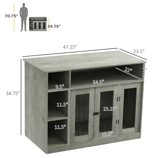 47-inch gray furniture style dog crate with lockable door and adjustable shelves for medium dogs up to 55 lbs