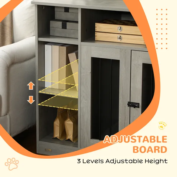 47" gray furniture style dog crate with lockable door and adjustable shelves for medium dogs up to 55 lbs