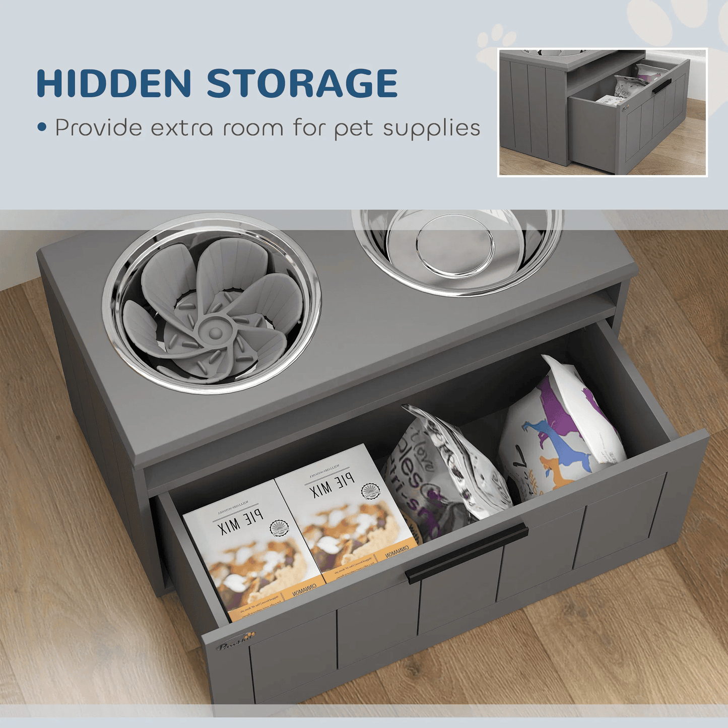 Elevated Dog Bowls with Storage Drawer and Slow Feeder Mat