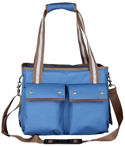 Canvas dog carrier purse with mesh windows, nylon straps, dual front pouches, and built-in leash holder.