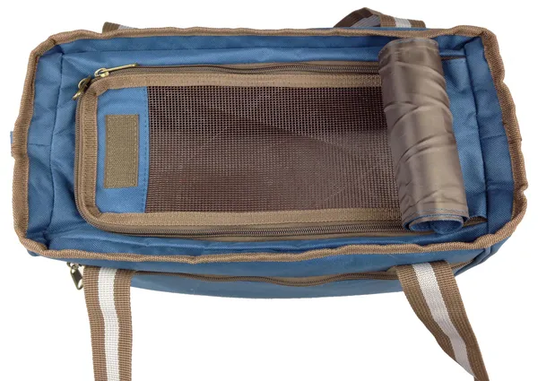 Canvas dog carrier purse with dual nylon snap pouches and adjustable mesh sun-roof closures