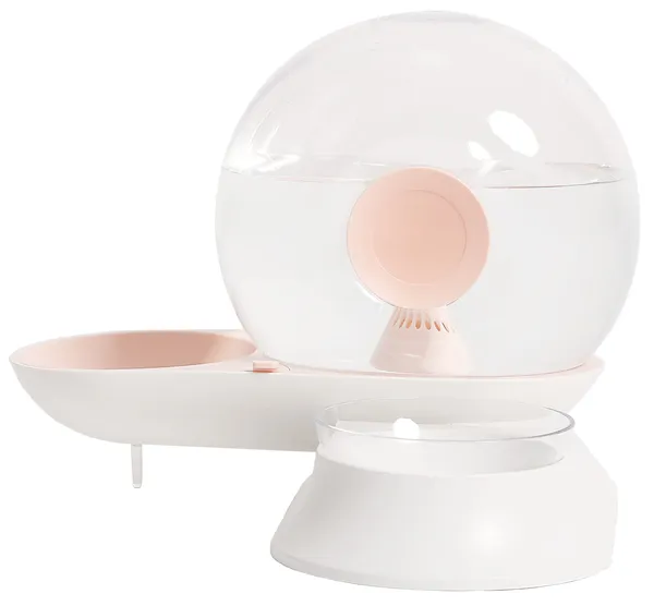 Snail-shaped 2-in-1 automatic dog food and filtered water bowl with gravity dispenser and built-in filter.
